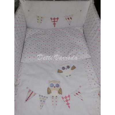   Bagoly pink - fehér - Hímzett gyermekágynemű garnitúra 5 részes