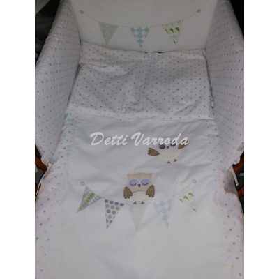   Bagoly kék - fehér - Hímzett gyermekágynemű garnitúra 5 részes