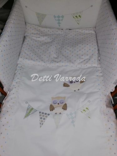 Bagoly kék - fehér - Hímzett gyermekágynemű garnitúra 5 részes