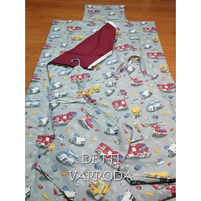   Rendőrségi és tűzoltós járművek - szürke alapon - Ovis ágynemű garnitúra hozzá illő derékaljjal és vállfás oviszsákkal és tornazsákkal és ágyneműtartó zsákkal