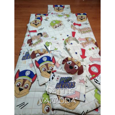   Mancs a szuper kutyus (krém alapon) - Ovis ágynemű garnitúra hozzá illő derékaljjal és vállfás oviszsákkal és tornazsákkal és ágyneműtartó zsákkal