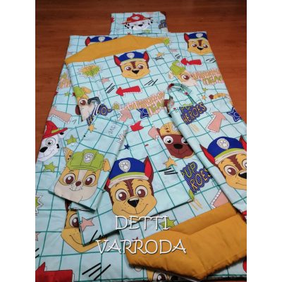   Mancs a szuper kutyus (zöld alapon) - Ovis ágynemű garnitúra hozzá illő derékaljjal és vállfás oviszsákkal és tornazsákkal és ágyneműtartó zsákkal