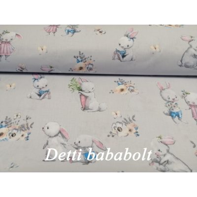 Nyulak és virágok világosszürke háttérrel