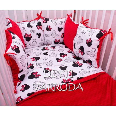   Egérfejek piros masnival - Minky babaágyneműk 8 részes (Paplan, párna és párnás rácsvédővel)