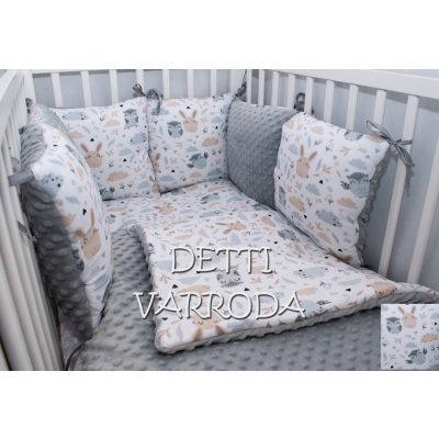   Nyuszi és bagoly - Minky babaágyneműk 8 részes (Paplan, párna és párnás rácsvédővel)