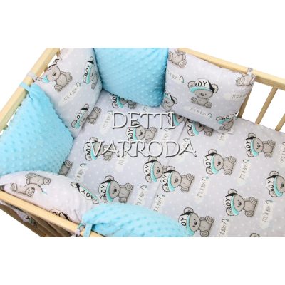   Boy maci - Minky babaágyneműk 8 részes (Paplan, párna és párnás rácsvédővel)