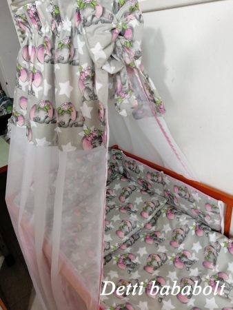 Elefántos - Gyermek ágyneműgarnitúra 6 részes (párna töltet, párnahuzat, paplan töltet, paplanhuzat, rácsvédő és baldachin)