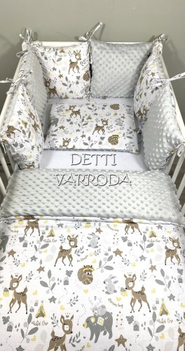 Őzike és mosómedve - Minky babaágyneműk 8 részes (Paplan, párna és párnás rácsvédővel)