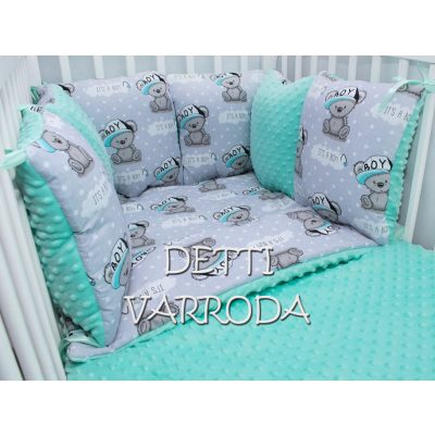   Boy maci - Minky babaágyneműk 8 részes (Paplan, párna és párnás rácsvédővel)
