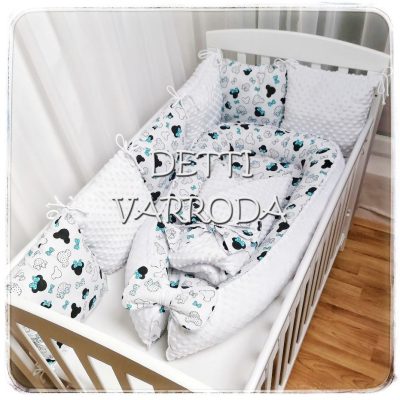   Egérfejek menta - Minky babaágyneműk 8 részes (Paplan, babafészek és párnás rácsvédő) -