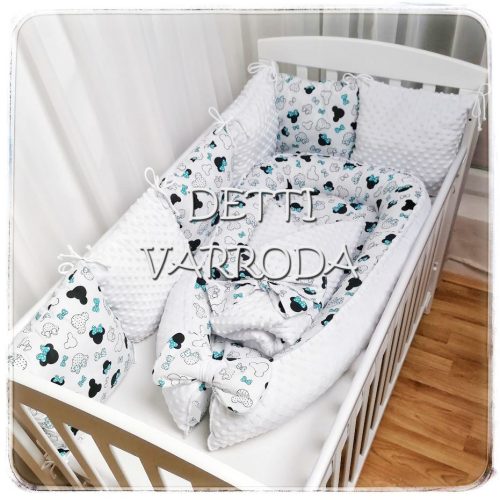 Egérfejek menta - Minky babaágyneműk 8 részes (Paplan, babafészek és párnás rácsvédő) -