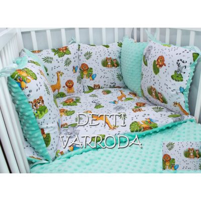   Szafari állatkák lábnyomos - Minky babaágyneműk 8 részes (Paplan, párna és párnás rácsvédővel)
