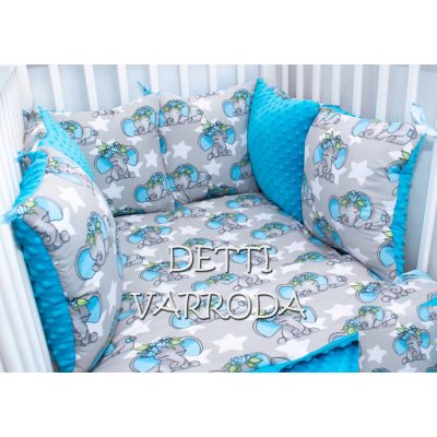   Elefántok virágkoszorúval - Minky babaágyneműk 8 részes (Paplan, párna és párnás rácsvédővel)