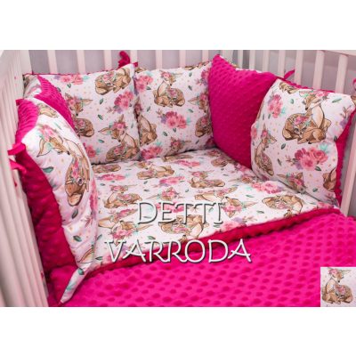   Őzike és gidája virágkoszorúval - Minky babaágyneműk 8 részes (Paplan, párna és párnás rácsvédővel)