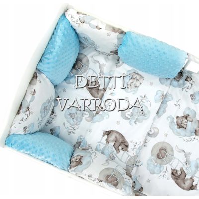   Maci, mókus és nyuszi a felhőben - Minky babaágyneműk 8 részes (Paplan, párna és párnás rácsvédővel)