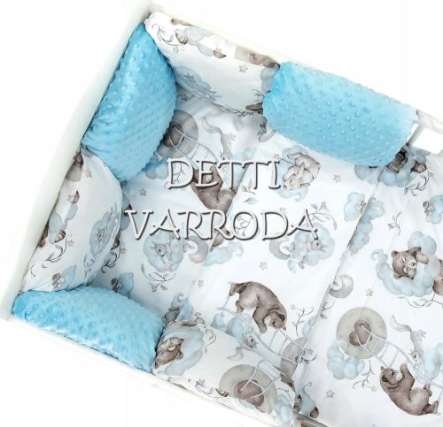 Maci, mókus és nyuszi a felhőben - Minky babaágyneműk 8 részes (Paplan, párna és párnás rácsvédővel)