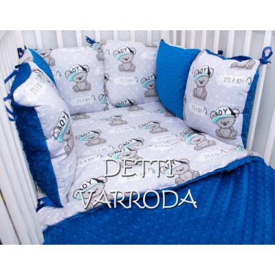   Boy maci - Minky babaágyneműk 8 részes (Paplan, párna és párnás rácsvédővel)