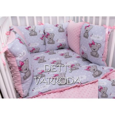   Girl maci - Minky babaágyneműk 8 részes (Paplan, párna és párnás rácsvédővel)