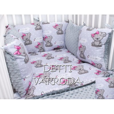   Girl macik - Minky babaágyneműk 8 részes (Paplan, párna és párnás rácsvédővel)