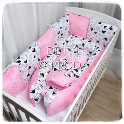   Egérfejek rózsaszín - Minky babaágyneműk 8 részes (Paplan, babafészek és párnás rácsvédő) 