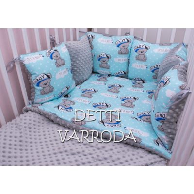   Boy maci - Minky babaágyneműk 8 részes (Paplan, párna és párnás rácsvédővel)