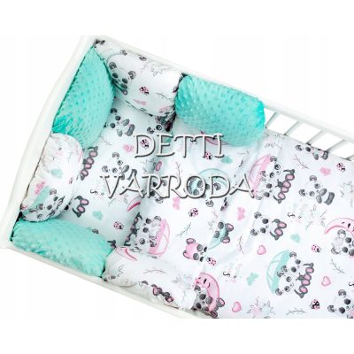   Panda maci esernyővel - Minky babaágyneműk 8 részes (Paplan, párna és párnás rácsvédővel)