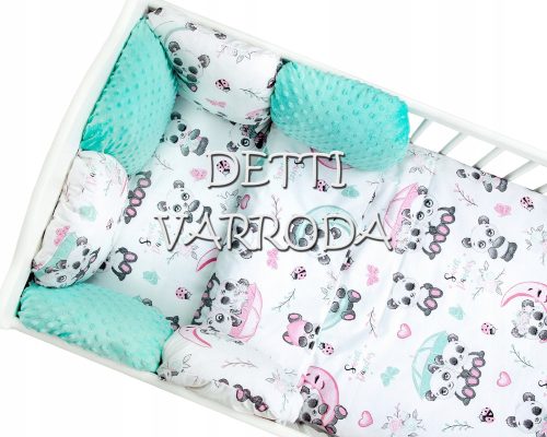 Panda maci esernyővel - Minky babaágyneműk 8 részes (Paplan, párna és párnás rácsvédővel)