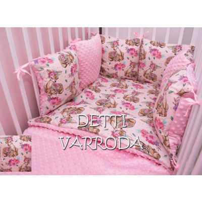   Őzike és gidája virágkoszorúval - Minky babaágyneműk 8 részes (Paplan, párna és párnás rácsvédővel)