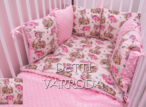 Őzike és gidája virágkoszorúval - Minky babaágyneműk 8 részes (Paplan, párna és párnás rácsvédővel)